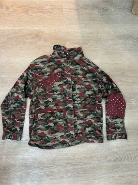 Zara Camo Utility Jacket Camouflage Studded Distressed Cotton Coat Green Red L